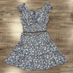 2 Piece Floral Blue Womens Top and Skirt  Set